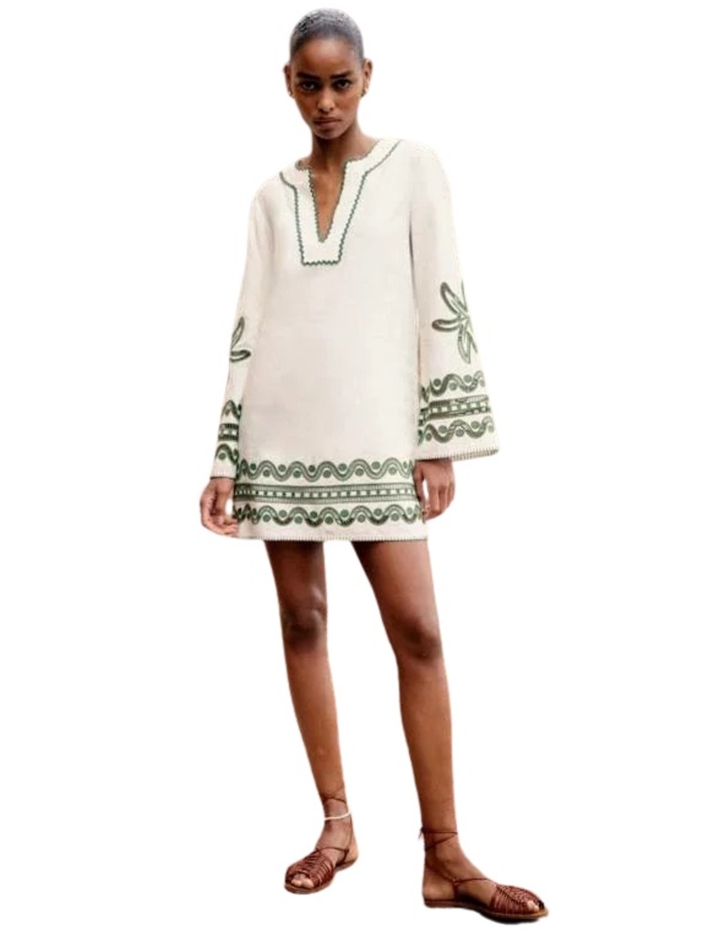 Sézane Ivory Embroidered Mini Isla Dress Green Size 40 US 8 NWT
